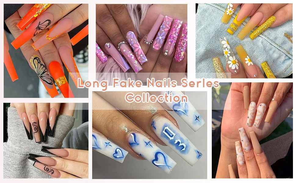 Uñas a presión francesas coloridas con diseños, uñas postizas a presión de cabeza cuadrada larga, pegamento simple portátil para uñas, uñas postizas
