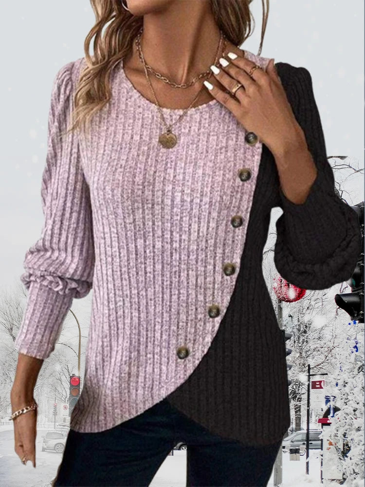 Jersey de otoño de manga larga con botones y rayas para mujer, jerséis de punto con cuello redondo, manga larga, colores en contraste, ropa de punto suelta y sencilla