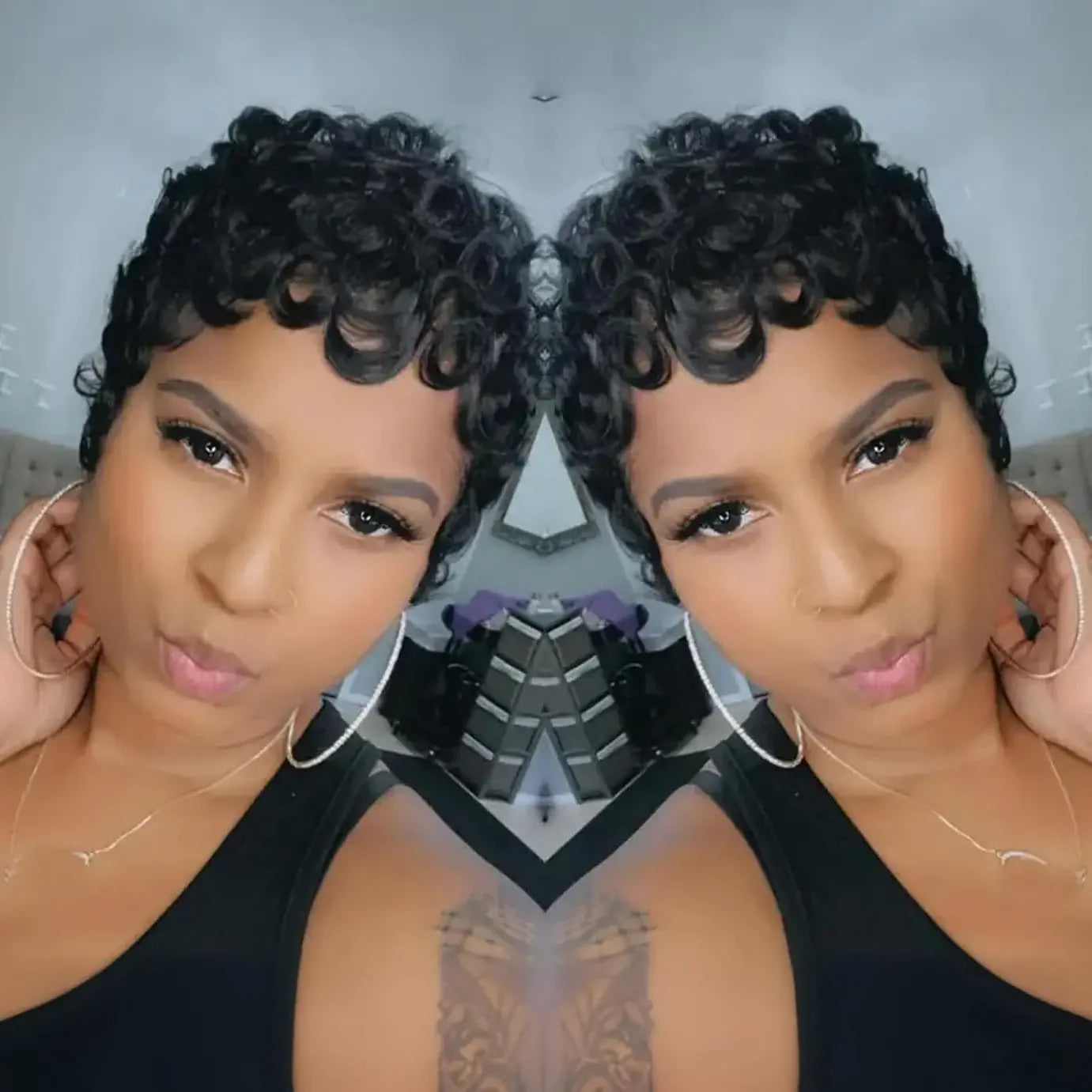Natural Black Brazilian Curly Pixie Cut Human Hair Wig, Glueless Short Layered Wig With Bangs, Comfortable Breathable Real Human Hair, Easy Wear No Glue Design, Stylish Hairstyle Accessory for Women Daily Party Travel Photogr