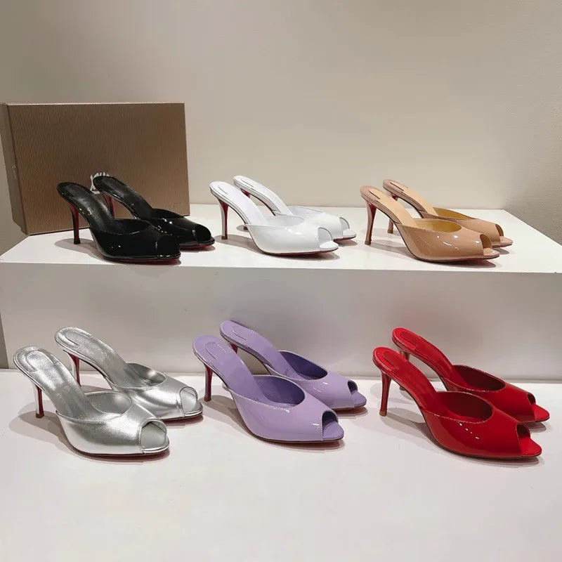 Women Luxury High Heeled Shoes for Woman's Peep Toe Pointed Toe Patent Leather Pumps Sexy Ladies Stiletto Red Party Sandals