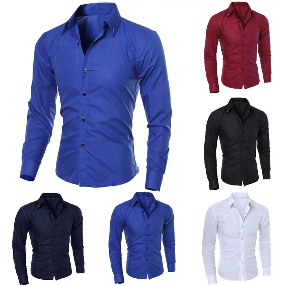 Chemise de luxe décontractée pour homme, à revers, manches longues, slim, couleur unie, pour le travail