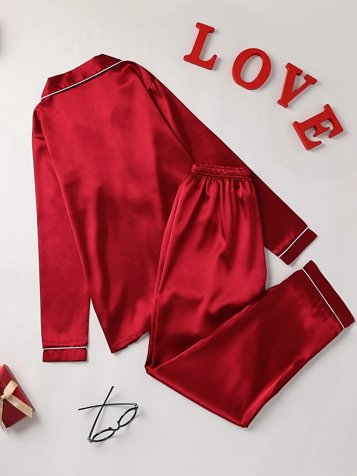 Conjunto de pijama liso de manga larga con botones y cuello tipo solapa, top y pantalones, conjunto de ropa de dormir y de estar para mujer