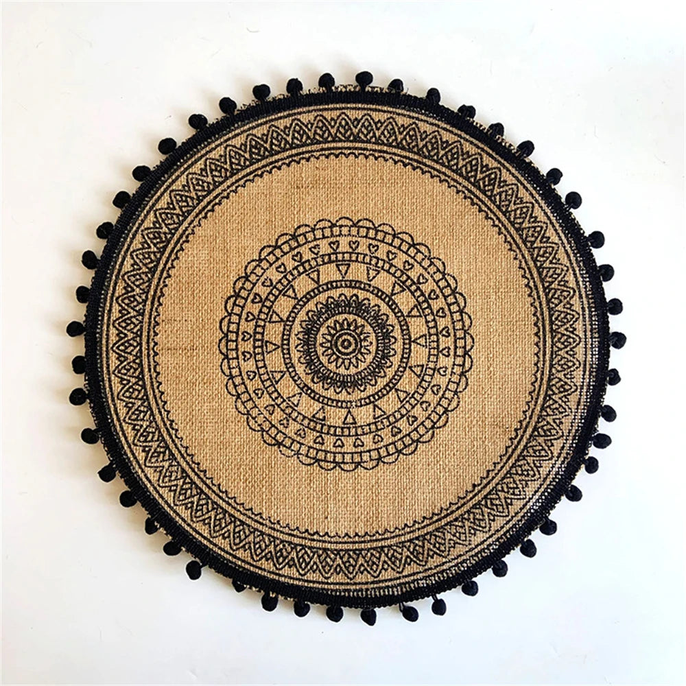 Vintage Pastoral Round Cotton Linen Placemats Handwoven Jute Tassels Placemats Soft Non-slip Table Pads Vase Mats Accessories