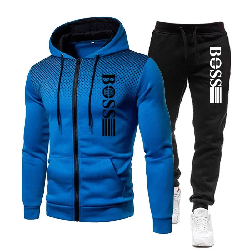 2026 New Men's Zippered Hooded Sweatshirt + Casual Pants Set, suitable for autumn and winter fashion, fitness and warm sports we