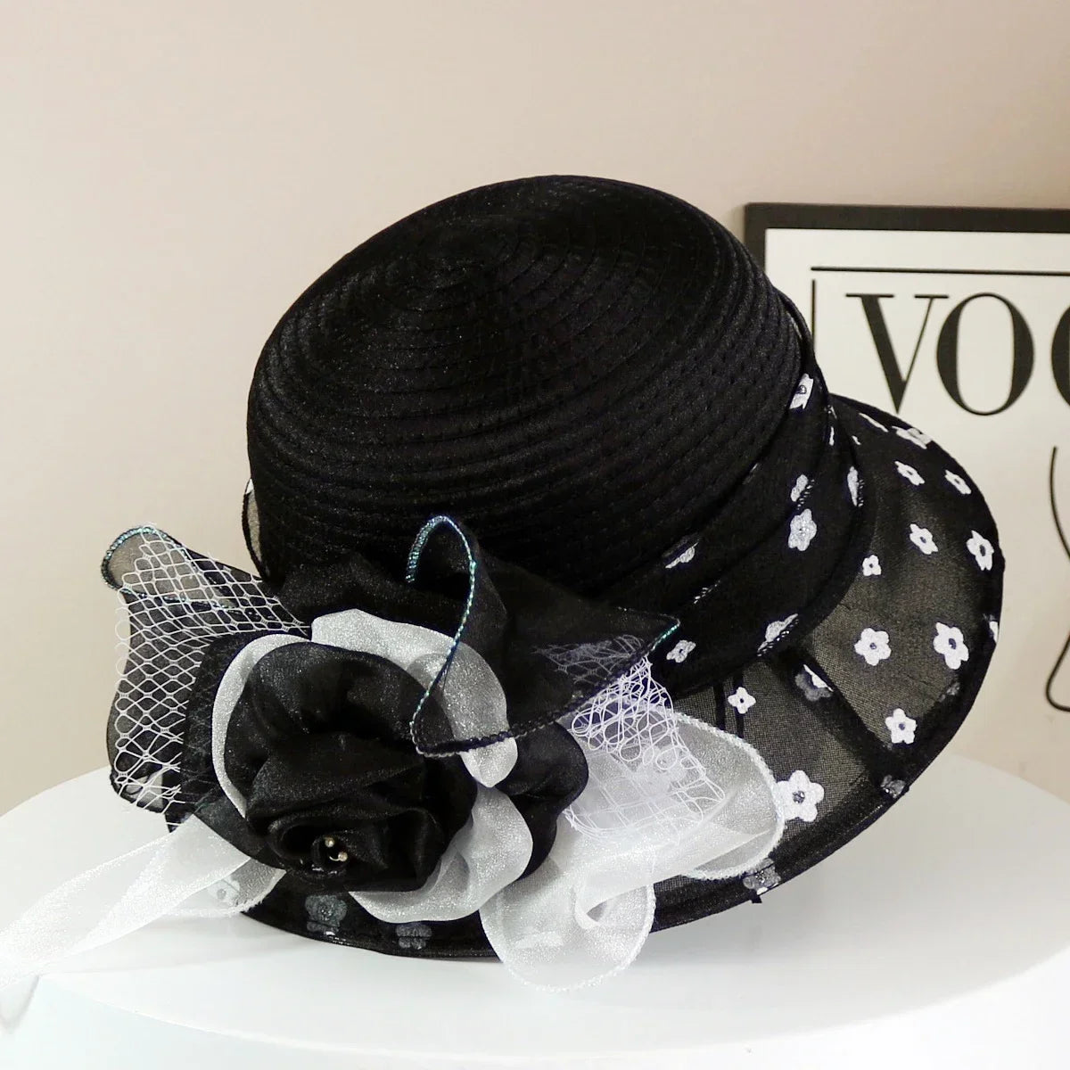 Motehatt Dame Topphatt Elegant Organza Blomst Bred Bremst Solhatt For Damer Retro Stil Fest Bankett Tilbehør Sammenleggbar Strand