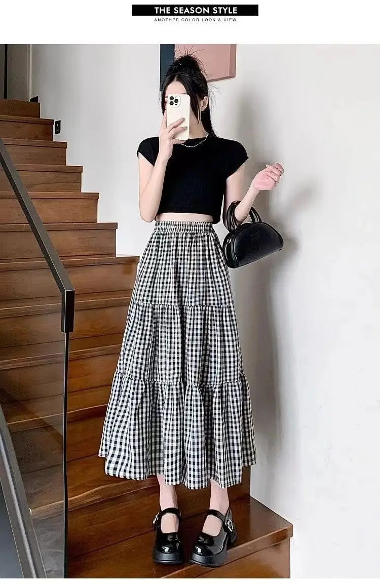 Jupe patchwork à volants pour femme, style vintage, à carreaux, taille haute, élastique, amincissante, mi-longue, été