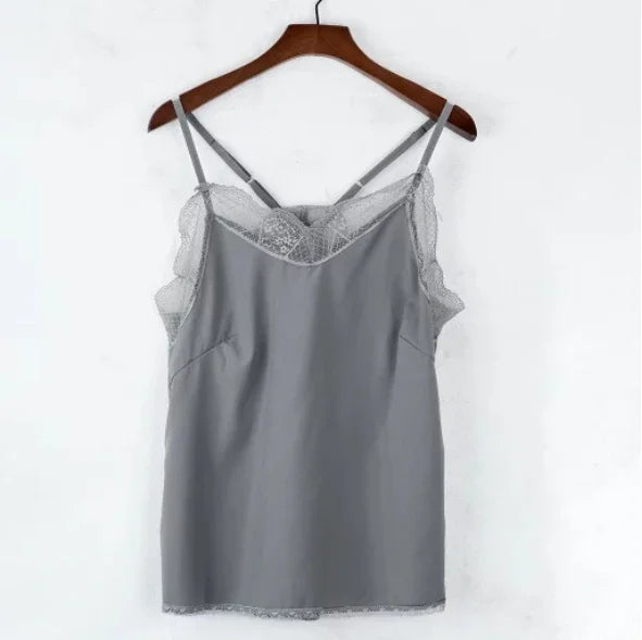 Tops de mujer - Elegante camiseta sin mangas, top de tubo, camisola de seda satinada, chaleco liso con tirantes, blusa sin mangas, ajuste francés, encaje delicado