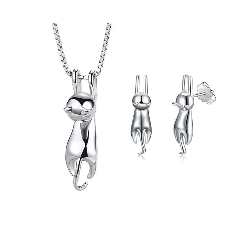 Juegos de joyas de novia para mujer, de plata de ley 925, lindos aretes de gato, collares de cadena larga, colgantes, regalos para fiestas