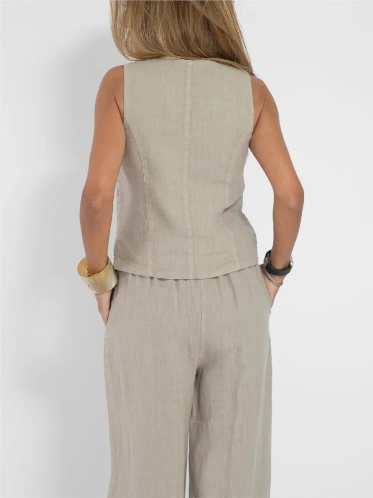 Conjuntos de chaleco y pantalón de moda para mujer, de algodón liso, traje informal, top sin mangas con botones de patchwork + pantalones, conjunto de 2 piezas para la oficina