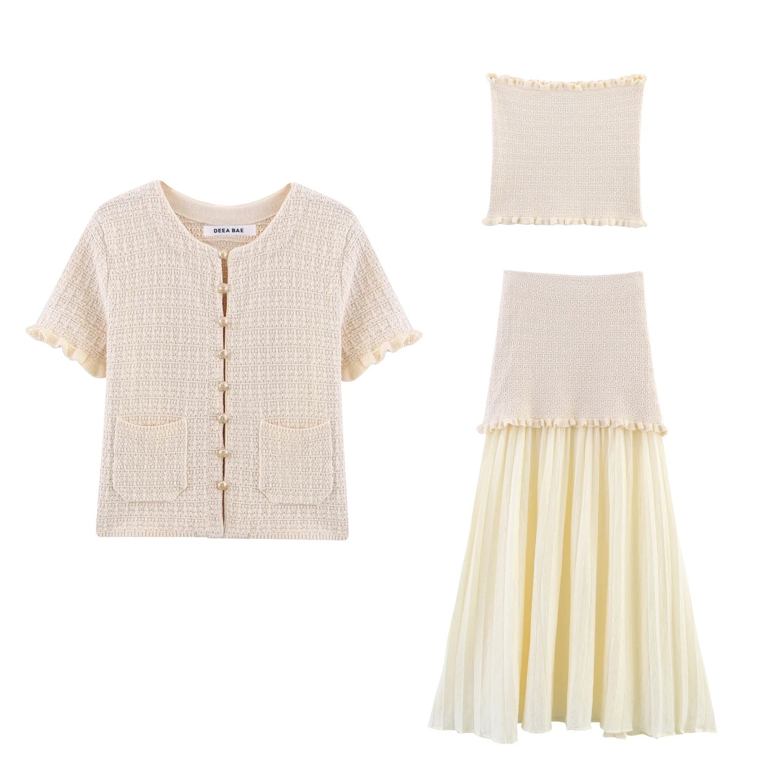 TRAFZA Conjunto elegante y chic de falda para mujer: top estilo "bandeau" o falda midi o top de manga corta. Conjunto para las vacaciones románticas de primavera-verano 2025.