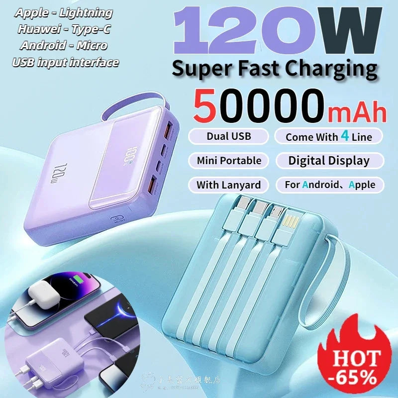 Bærbar powerbank 50000mAh 120W superrask lading mobil eksternt batteri med fire kabler lader egnet for iPhone Xiaomi
