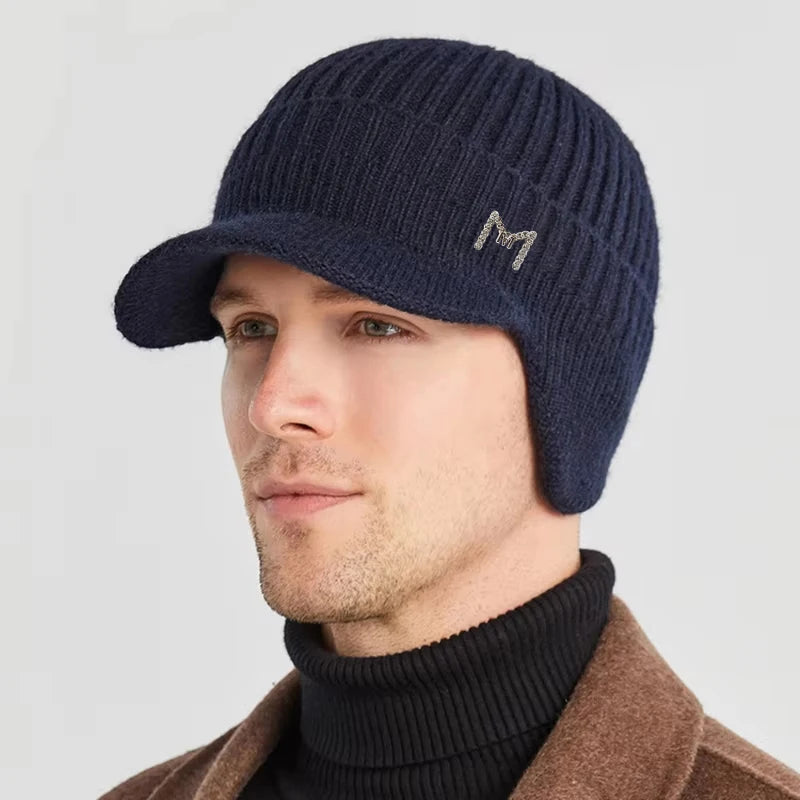 Winter Warm Knitted Beanie with Brim and Ear Flap,Outdoor Warm Fleece Lined Beret Cap for Men Women,Suitable for Daily Commuting