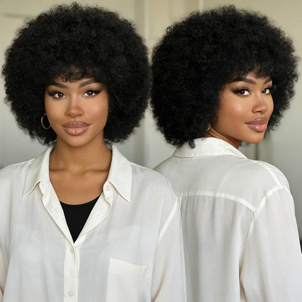 Afro Wig For Women Short Afro Kinky Curly Bob Glueless Wigs Human Hair Natural Looking 12 Inch Afro Wigs With Bangs Short Bouncy