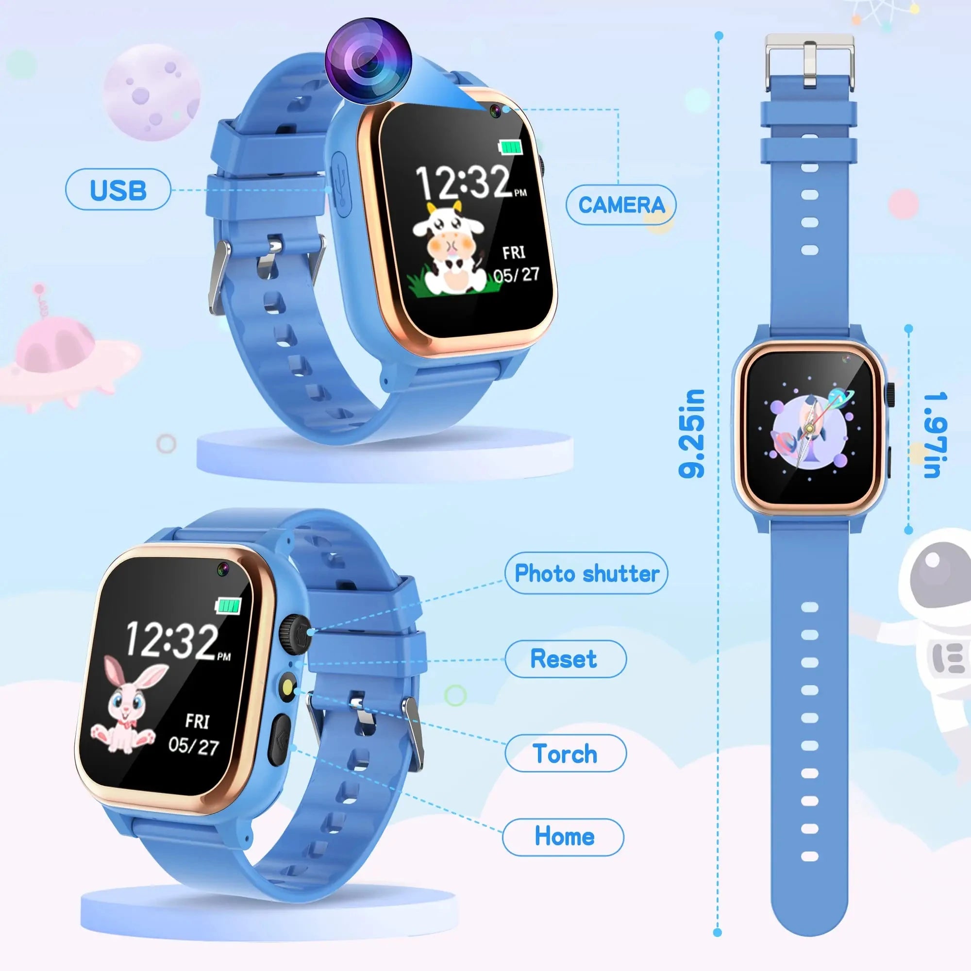 Montre connectée pour enfants, écran tactile HD, lecteur de musique, caméra, 16 jeux de puzzle, podomètre, calculatrice, lampe de poche, montre 12/24 h