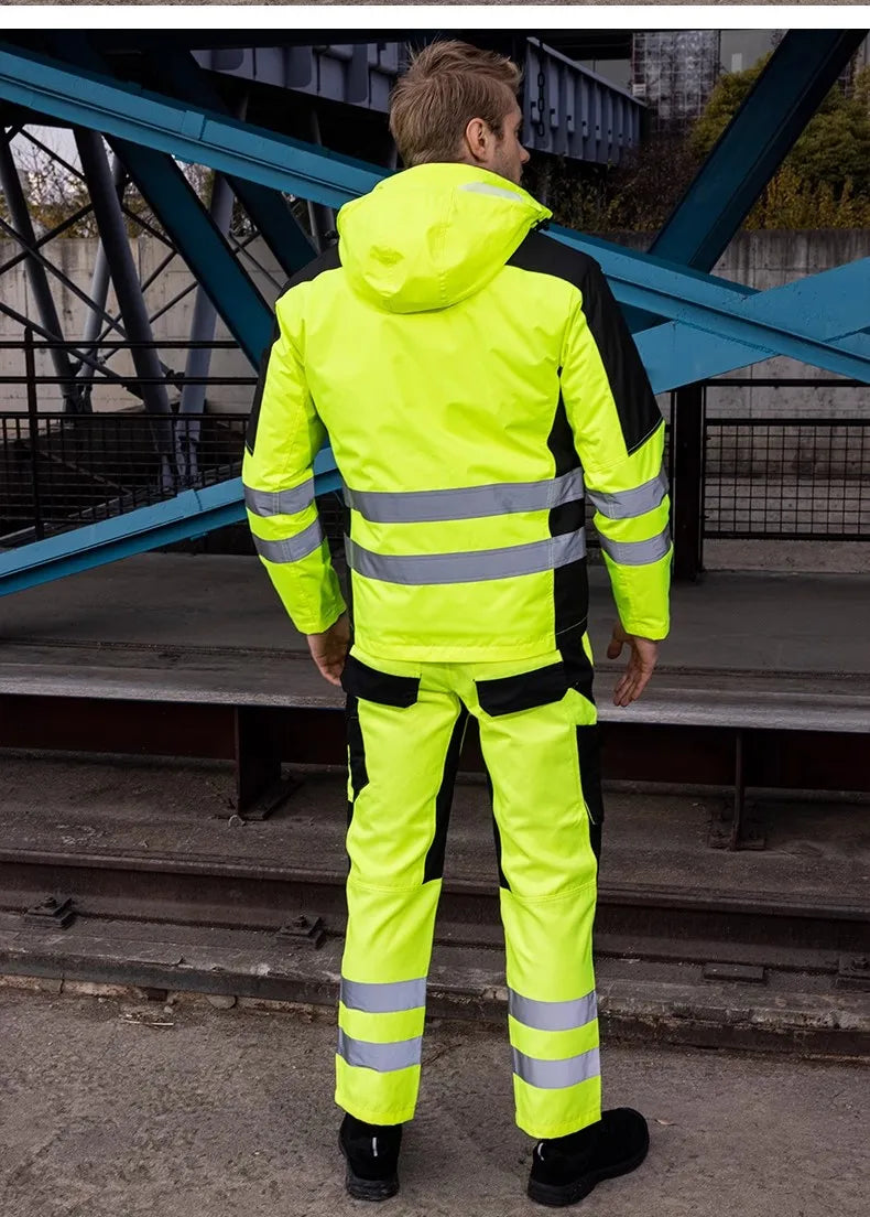 Trajes de trabajo de alta visibilidad amarillos para el invierno, conjunto de chaqueta impermeable de alta visibilidad 3 en 1 con forro y pantalones de trabajo para hombre