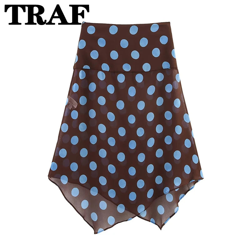 TRAF Faldas Midi Estampadas de Lunares Conjuntos de Dos Piezas para Mujer Trajes Chic de Top Halter con Pañuelo de Verano Conjuntos de 2 Piezas para Mujer de Playa