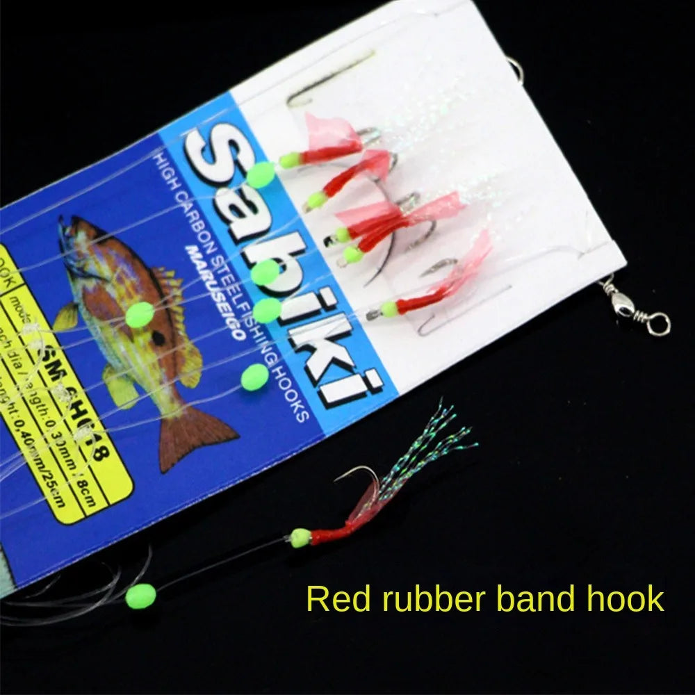 6pcs Luminous Bean for Sea/Freshwater Fishing Artificial Sabiki String Hook Rig 9 Sizes Rubber Bionic String Hook Fishing Hooks