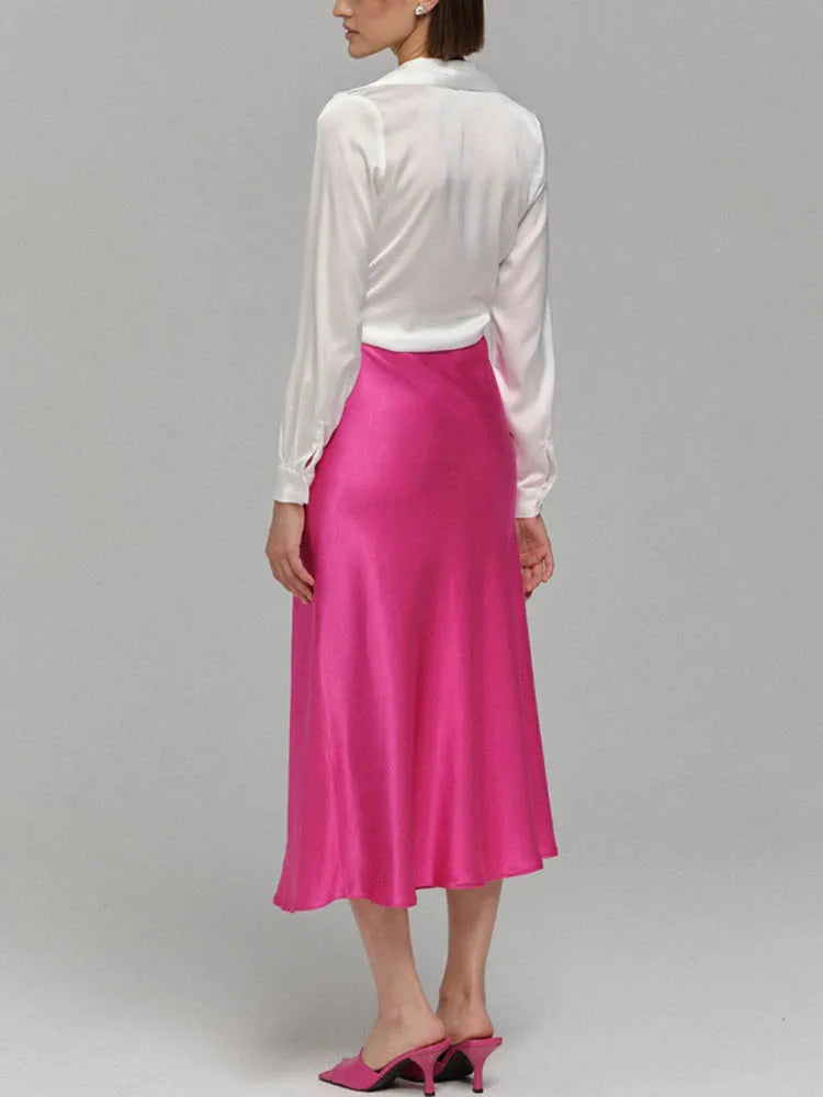 Faldas de satén de seda para mujer estilo coreano color champán para oficina, cintura alta, falda acampanada, moda elegante, falda lápiz larga sólida 2025