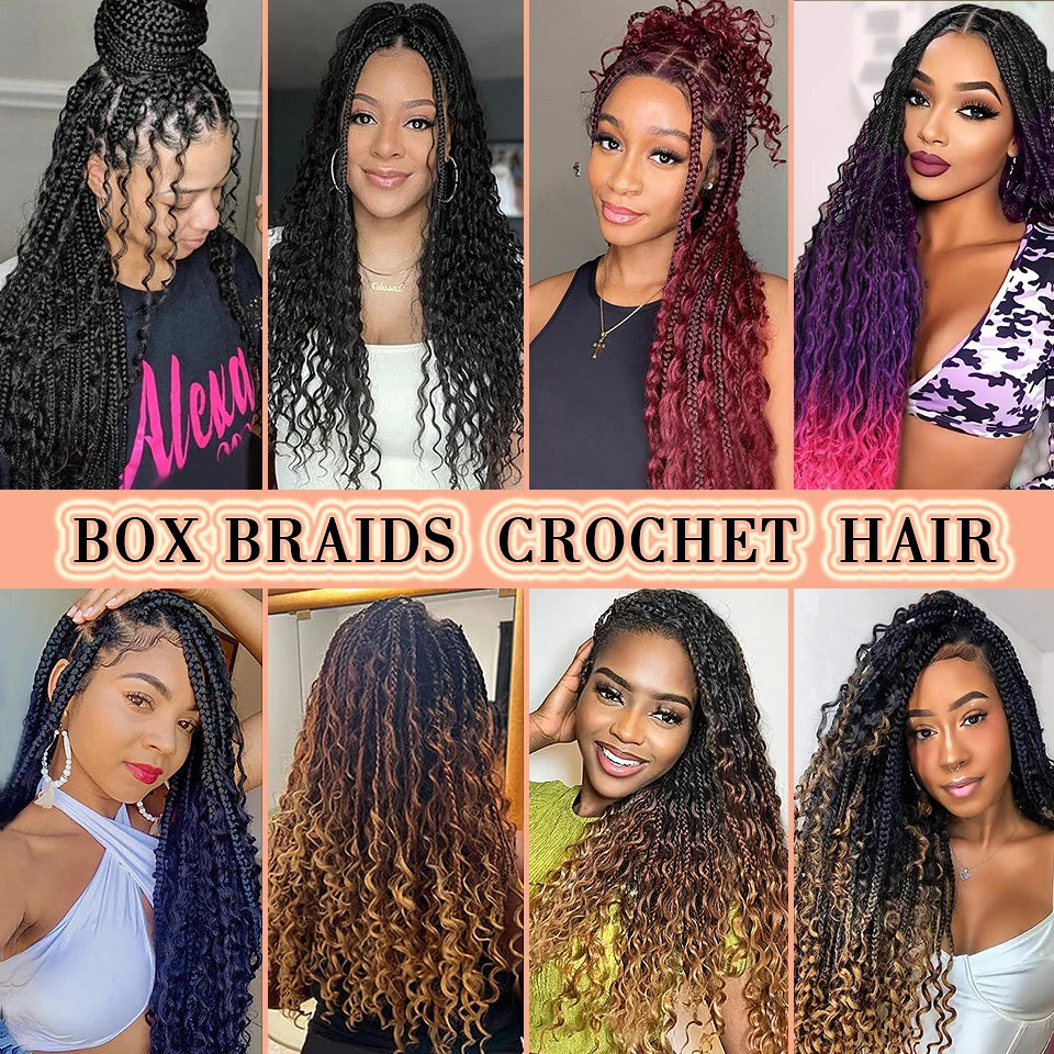 18" Long Boho Braids Extensions Goddess Box Braids Crochet Hair Black Purple Pink Synthetic Braiding Hair Bohemian Hippie Braids