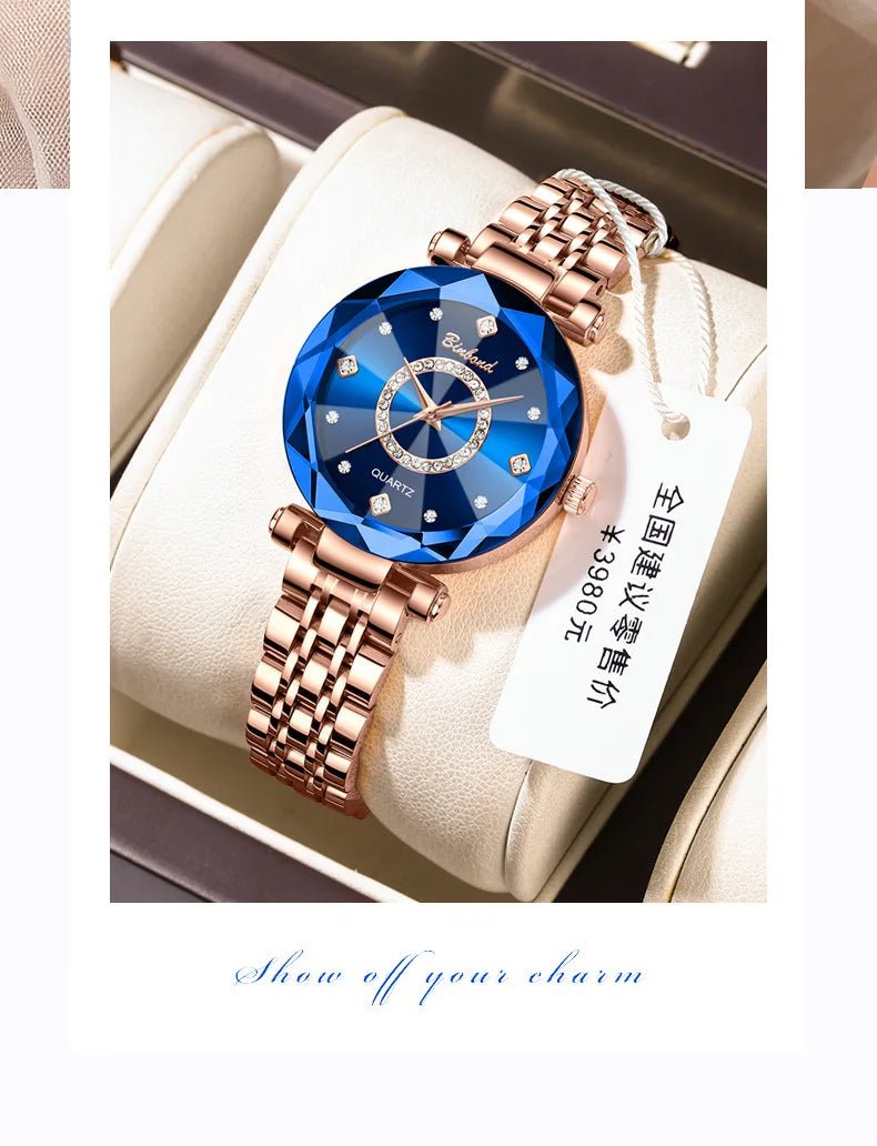 Reloj de Mujer de Lujo Ligero a la Moda con Diamantes, Reloj de Cuarzo Elegante Impermeable V005