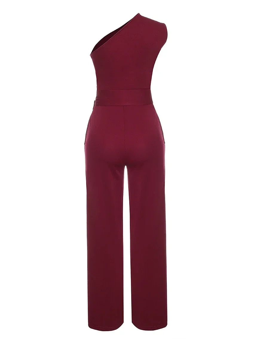 Damejumpsuit Ensfarget Skjev Krage Avskåret Topp Rette Bukser Belte Sexy Ermeløs Løse Bukser Elegant Sjarmerende Playsuits