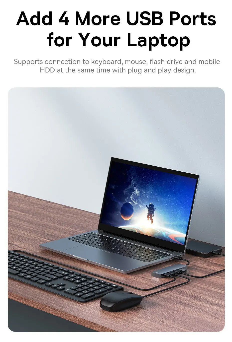 Baseus Hub USB de 4 puertos, Hub de ABS USB 3.0 para portátil, Adaptador Divisor Múltiple para Xiaomi Lenovo Macbook Accesorios de PC Ordenador