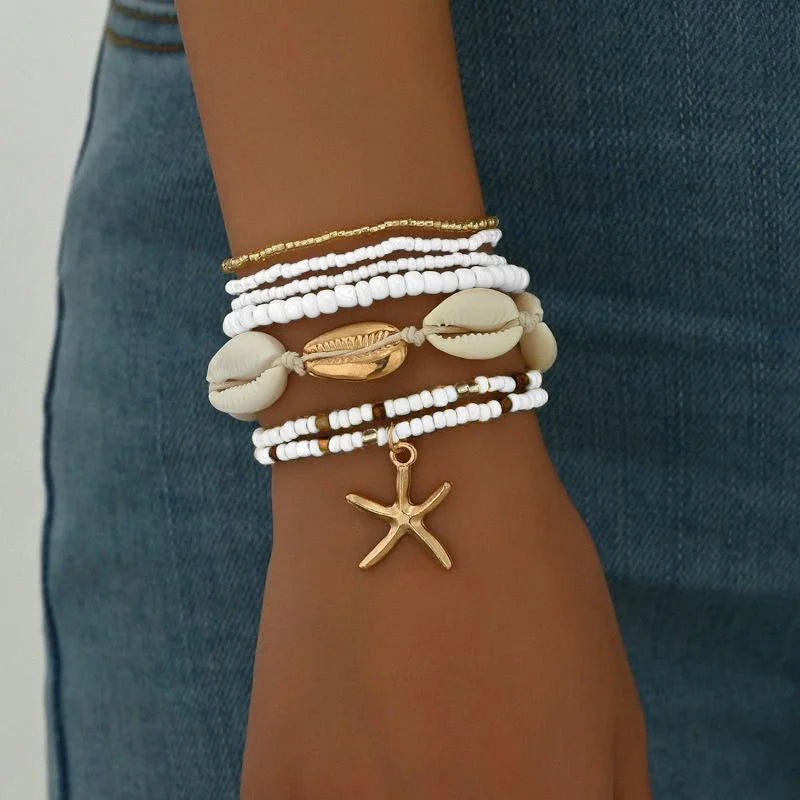 Juego de Pulseras de Cuentas de Estrellas de Mar y Conchas Bohemias para Mujer, Moda Verano Playa, Pulseras de Perlas Multicapa Apiladas, Regalos de Joyería para Fiestas