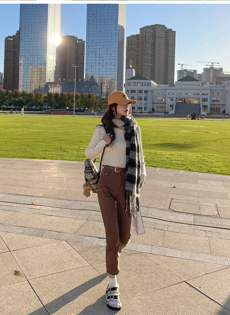 Suéter de otoño invierno para mujer, jerséis, tops de manga larga, ropa, suéter suave de punto delgado, ropa de calle, suéter de cuello alto con botones