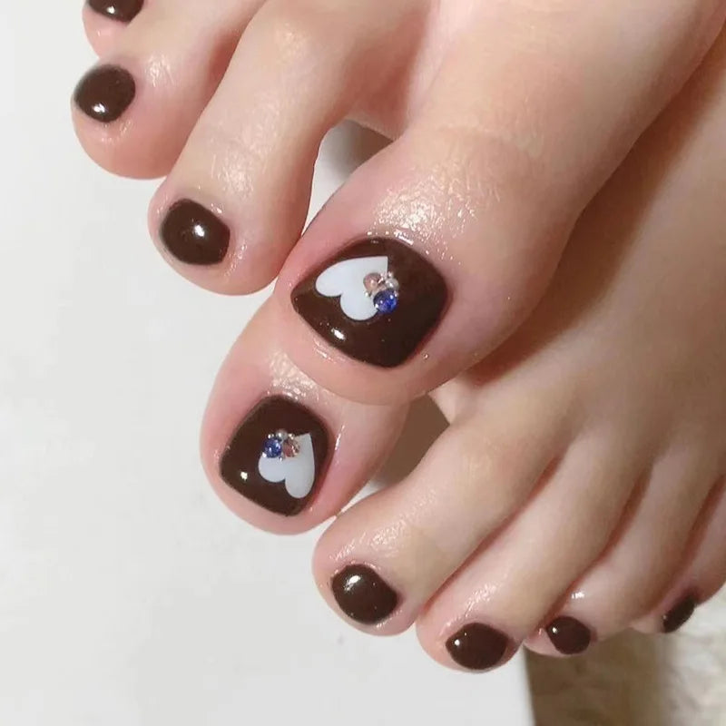 Flores Blancas Uñas Postizas Artificiales Francesas Nude Rosa Uñas Falsas para Pies con Pegamento Uñas Postizas Cortas Planas para Pies al por Mayor
