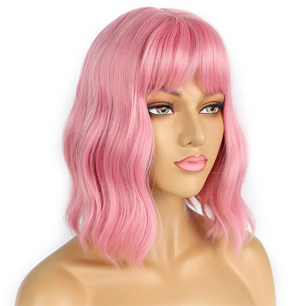 Short Wavy Bob Wig With Bangs, Shoulder Length Curly Wigs For Women, Synthetic Pink Wig For Daily Use, Cosplay Wig For Halloween