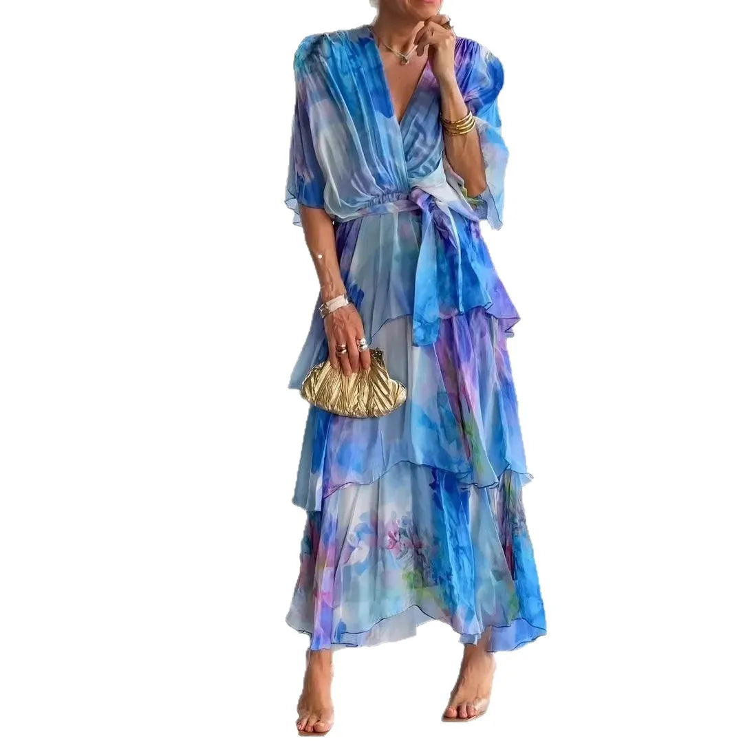 Vestido de mujer con estampado floral, multicapa, cuello en V, manga larga, estilo casual de verano