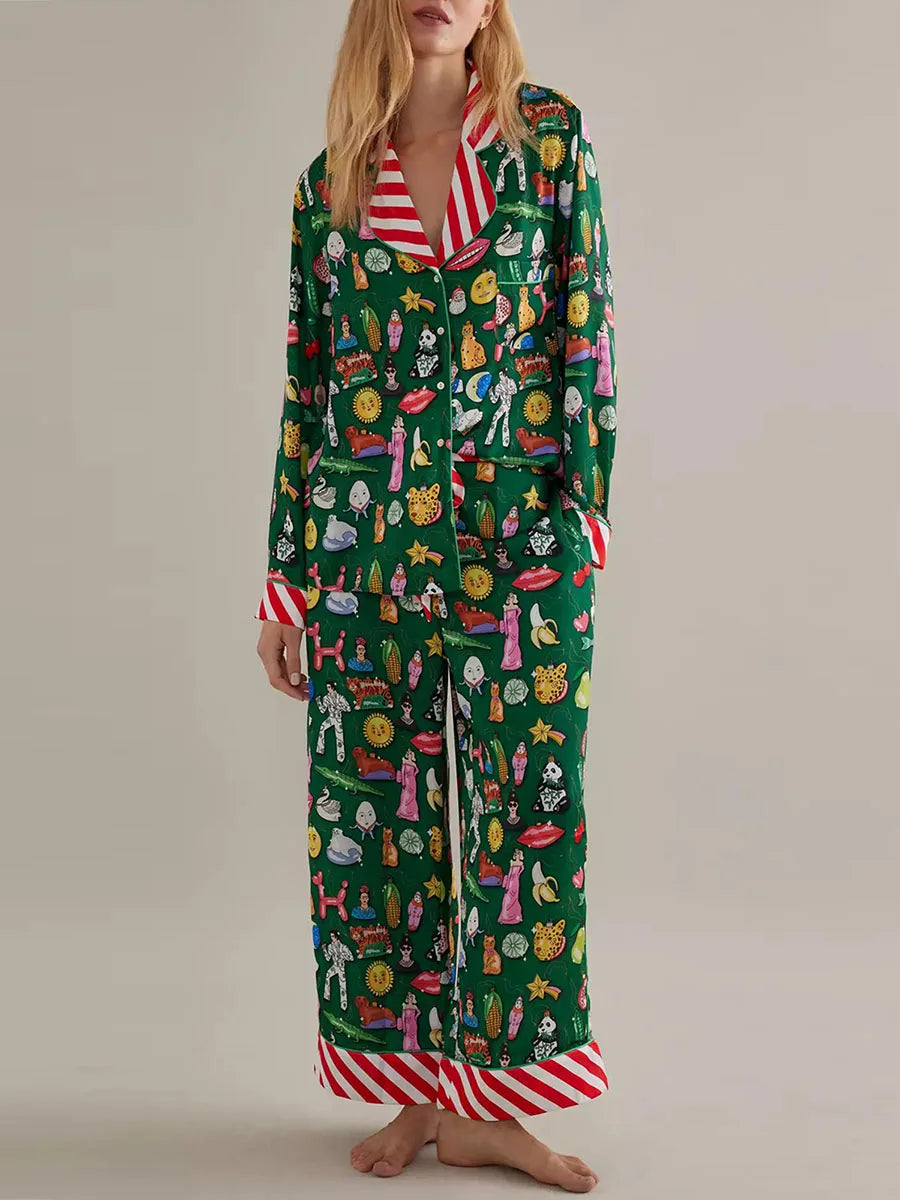 Conjunto de pijama de mujer con estampado de animales y comida, tops de manga larga con botones y pantalones, ropa de dormir para estar en casa