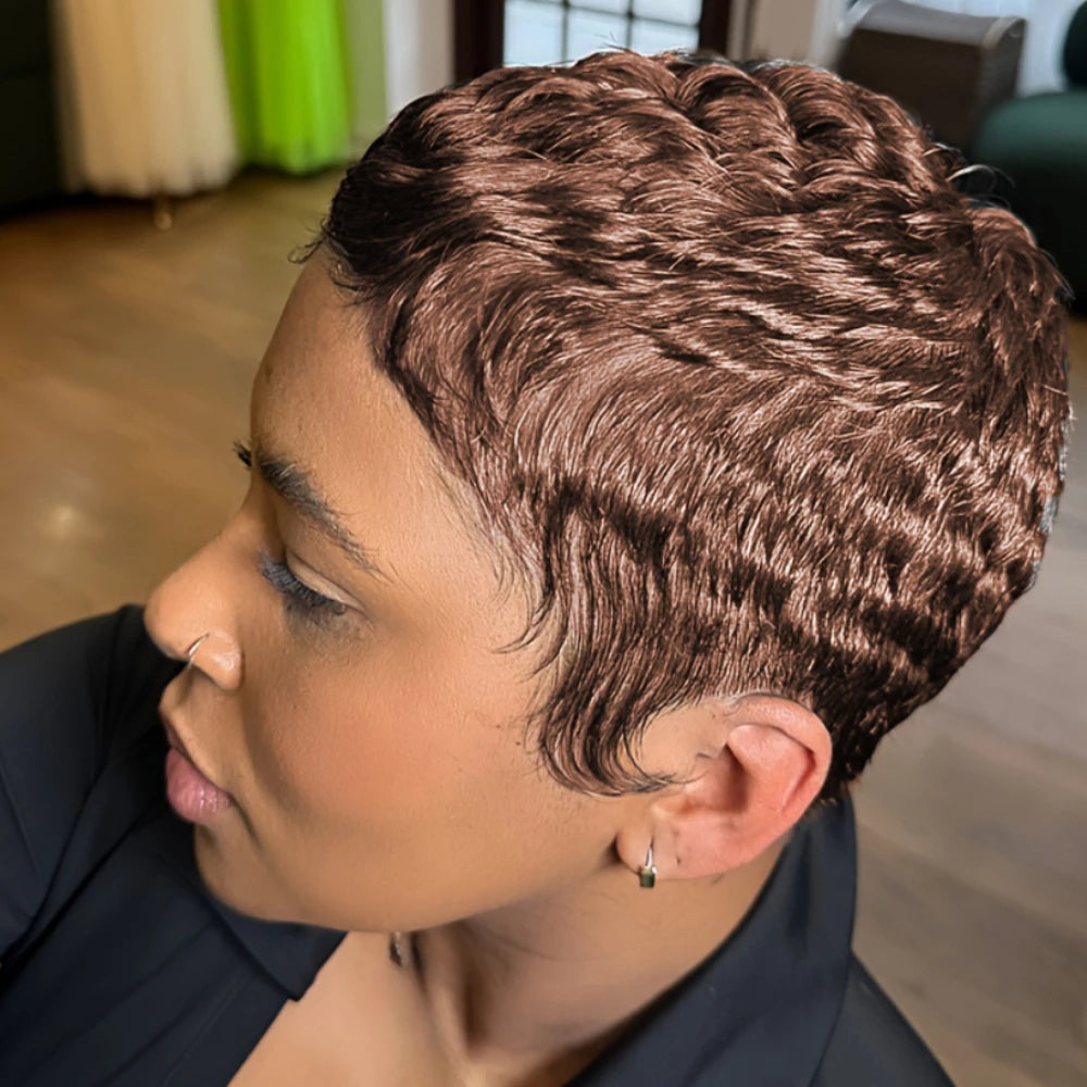 Pixie Cut Curly Wave Human Hair Wig for Women Full Machine Made Wig for Daily Wear and Party 150% Density 4Inch
