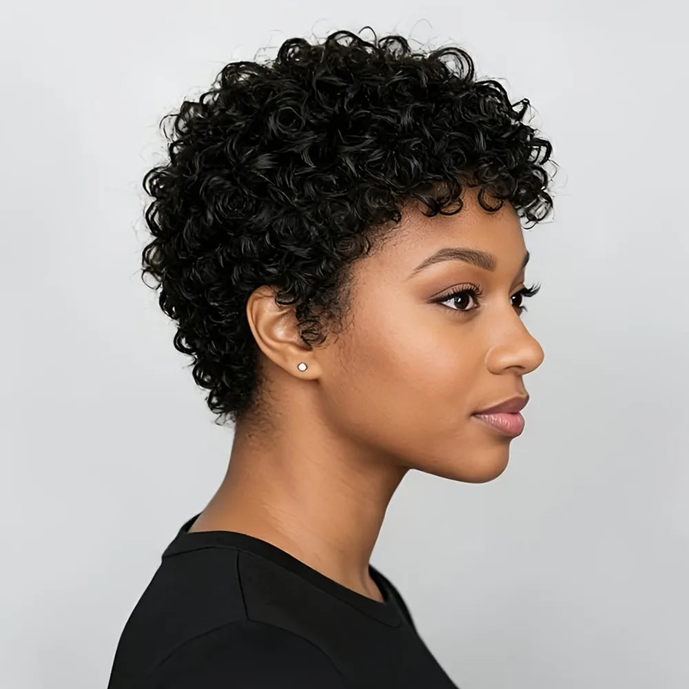 Peluca corta pixie rizada afro de cabello humano para mujer, uso diario, fiesta, peluca pixie hecha a máquina, color negro