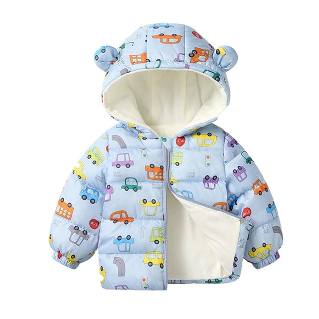 Chaqueta polar de invierno para bebés y niños, abrigos de dibujos animados para niños, chaquetas de plumón cálidas con capucha para otoño, ropa de abrigo cálida de felpa para niñas