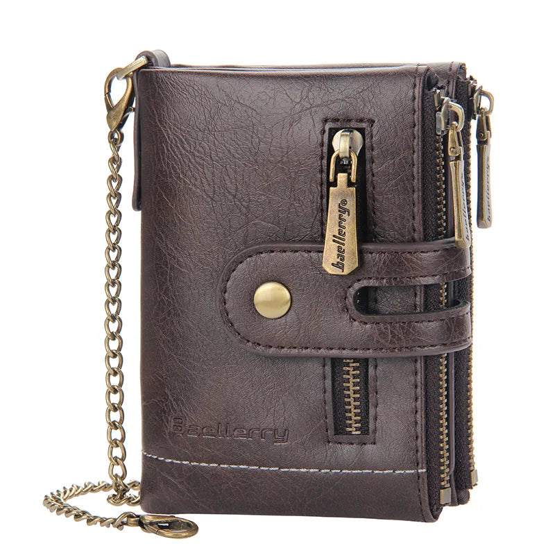 Billetera de lujo de piel sintética para hombre - Tarjetero con diseño de cadena corta, Monedero retro clásico (marca de alta calidad)