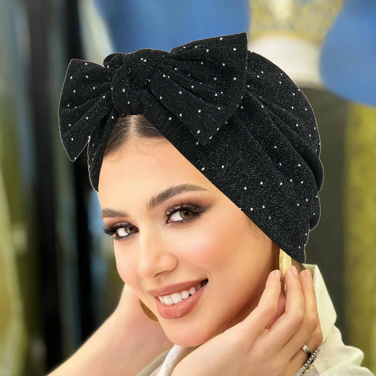 Moda Diamantes de Imitación Hijab de Mujer Lazo Musulmán Señoras Turbante Gorro Suave Elástico Envoltura de Cabeza Pañuelo de Cabeza Sombreros Indios