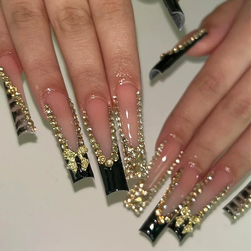 24 Uñas postizas largas a presión, de cobertura completa, con diseño de mariposa francesa, forma de ataúd, purpurina, pequeños diamantes, manicura portátil, puntas de uñas artificiales