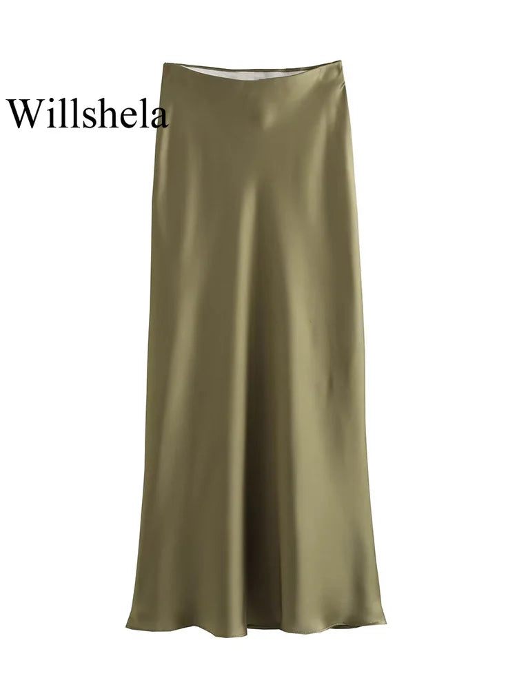 Willshela Falda de satén negra para mujer, falda larga elegante de cintura alta para mujer, falda midi de moda de verano, faldas de oficina para mujer