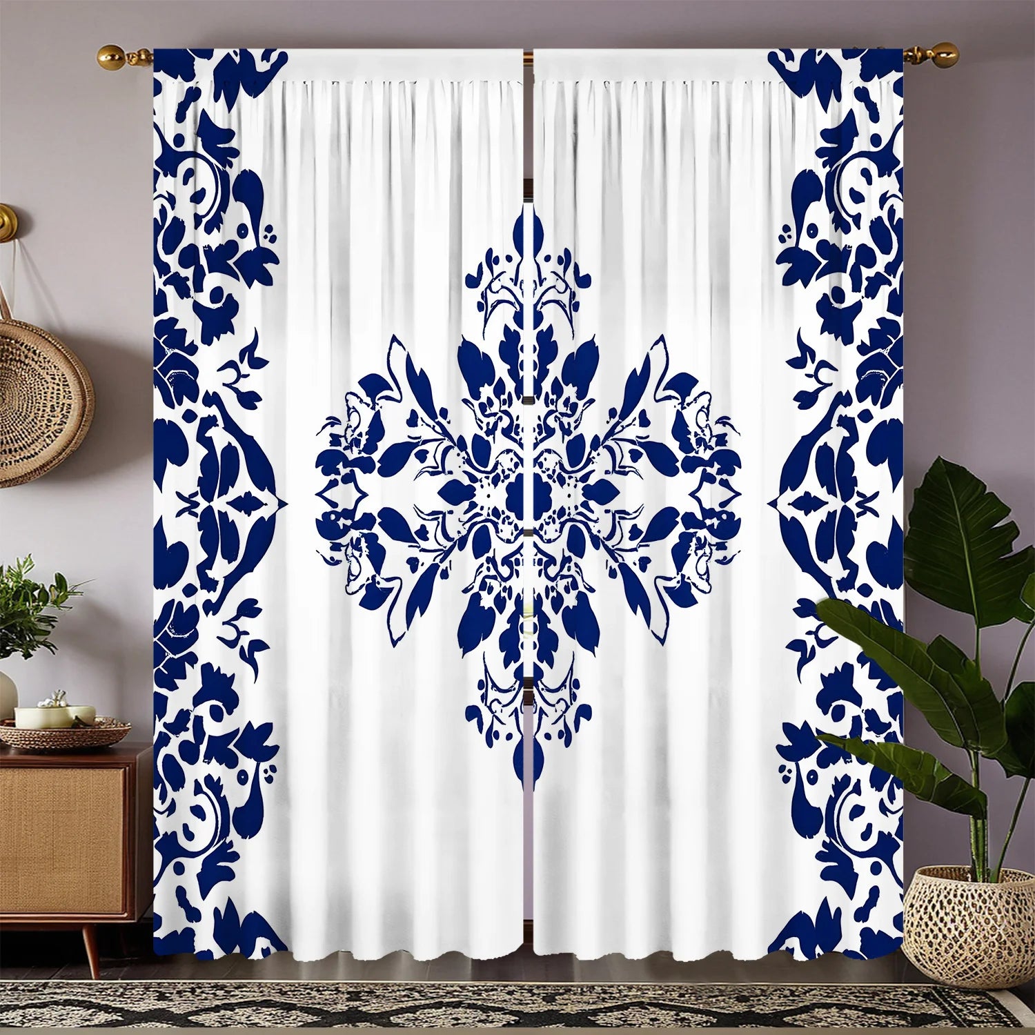 Blue & White Floral Curtains (2pcs)