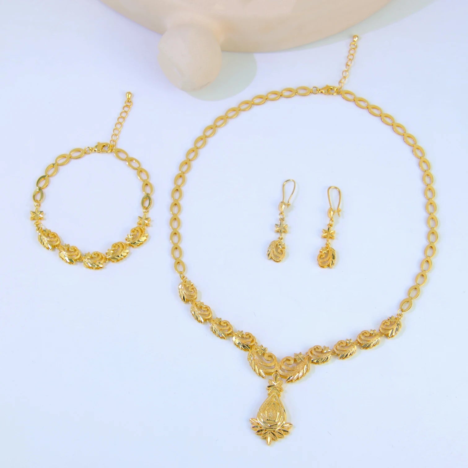 Juego de joyas de boda de lujo de Dubái, chapado en oro de 21k, collar, pulsera y pendientes de oro nupcial árabe, joyería vintage para mujer brasileña