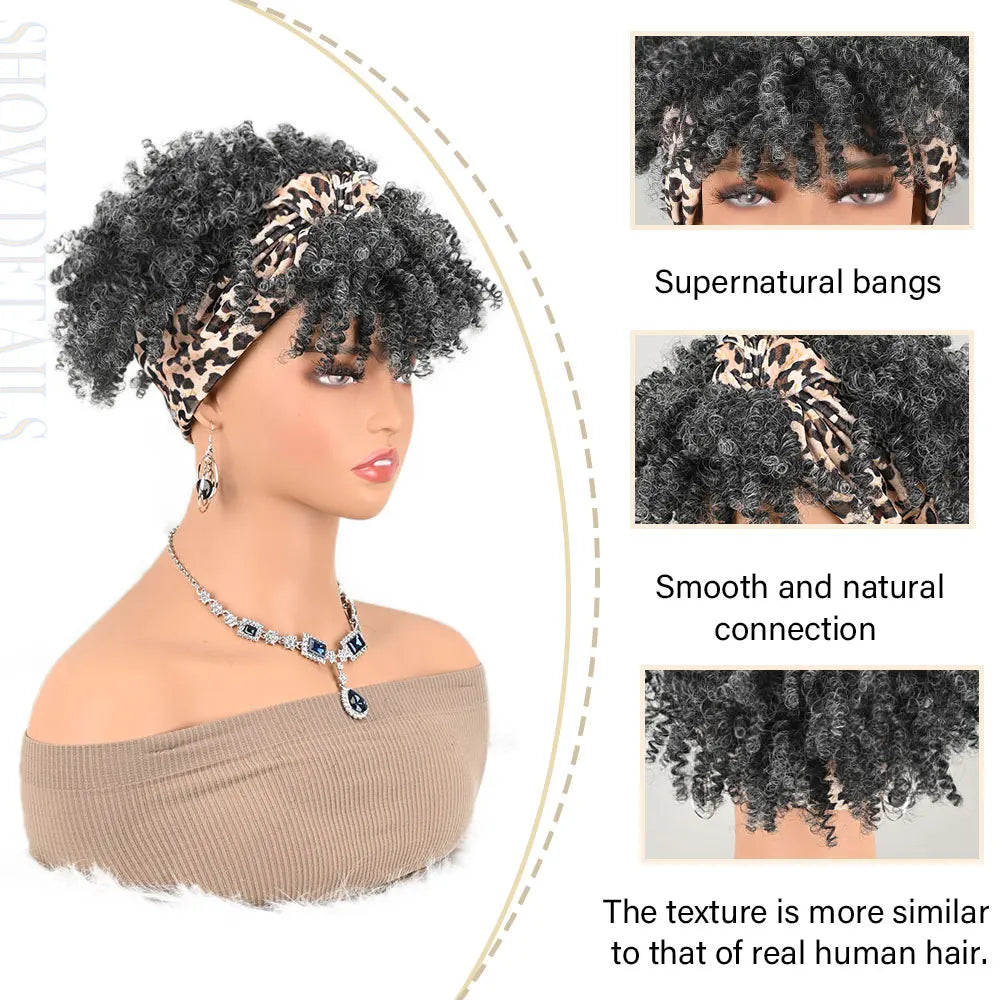Pelucas con Diadema para Mujeres Negras, Pelucas Sintéticas Cortas Afro Rizadas y Crespas, Peluca Negra con Flequillo, Turbante Envolvente 2 en 1