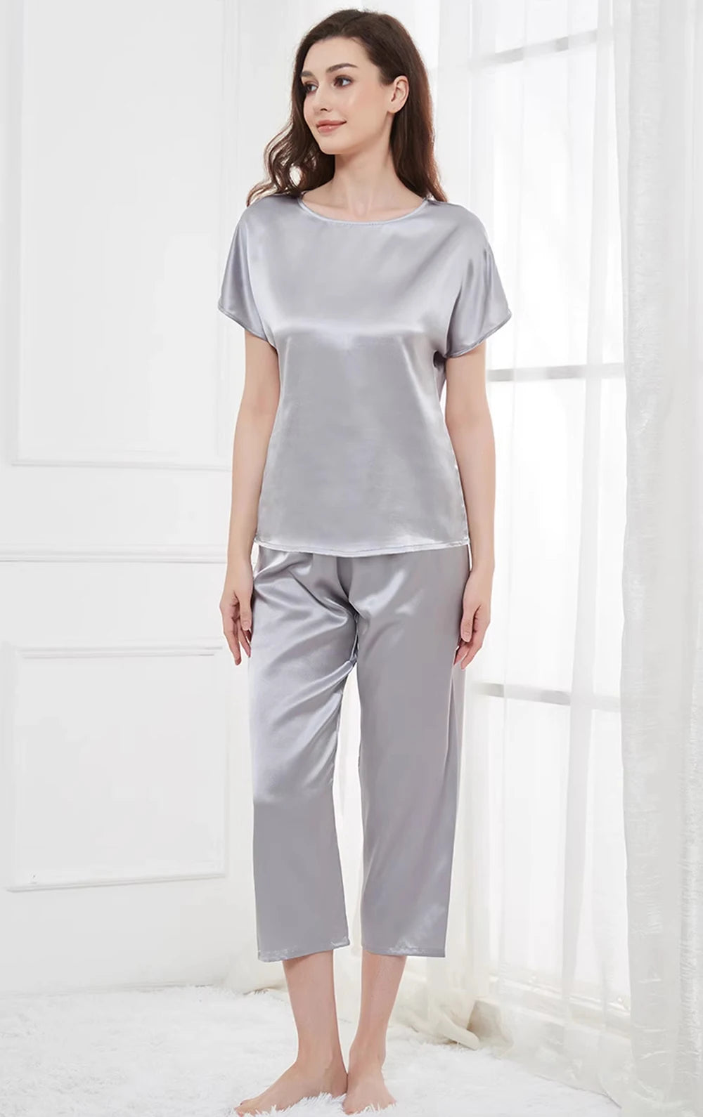 Conjunto de pijama de 2 piezas para mujer, pantalones capri, top de manga corta, seda de morera de 19 mommes, ropa de dormir, pijamas, ropa de estar por casa M-3XL