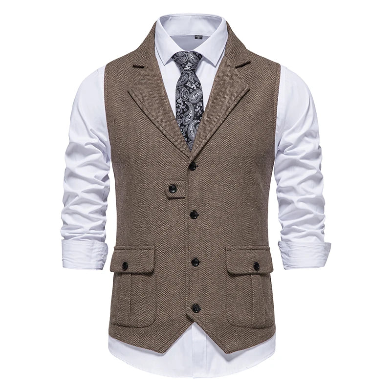 Chaleco de Traje de Hombre de Espiga Chaleco de Negocios Boda Casual Cuello Vuelto Chalecos de Vestir para Hombres Fiesta Formal V07