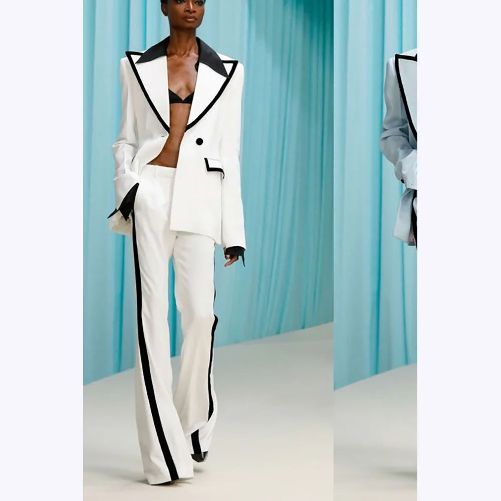 Elegantes Trajes de Mujer de Dos Piezas, Borde Negro, Solapa de Pico, Atuendos Clásicos, Un Botón, Ajuste Holgado, Chaqueta y Pantalones Hechos a Medida de Alta Calidad