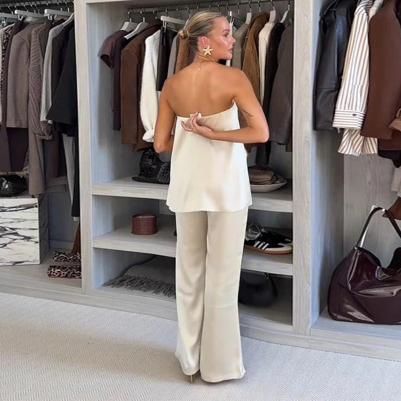 Elegantes Conjuntos de Pantalones de Satén para Mujer, Blusas sin Mangas sin Espalda Tipo Tubo, Pantalones de Pierna Ancha con Cremallera, Trajes de Vacaciones de Verano 2025 para Mujer