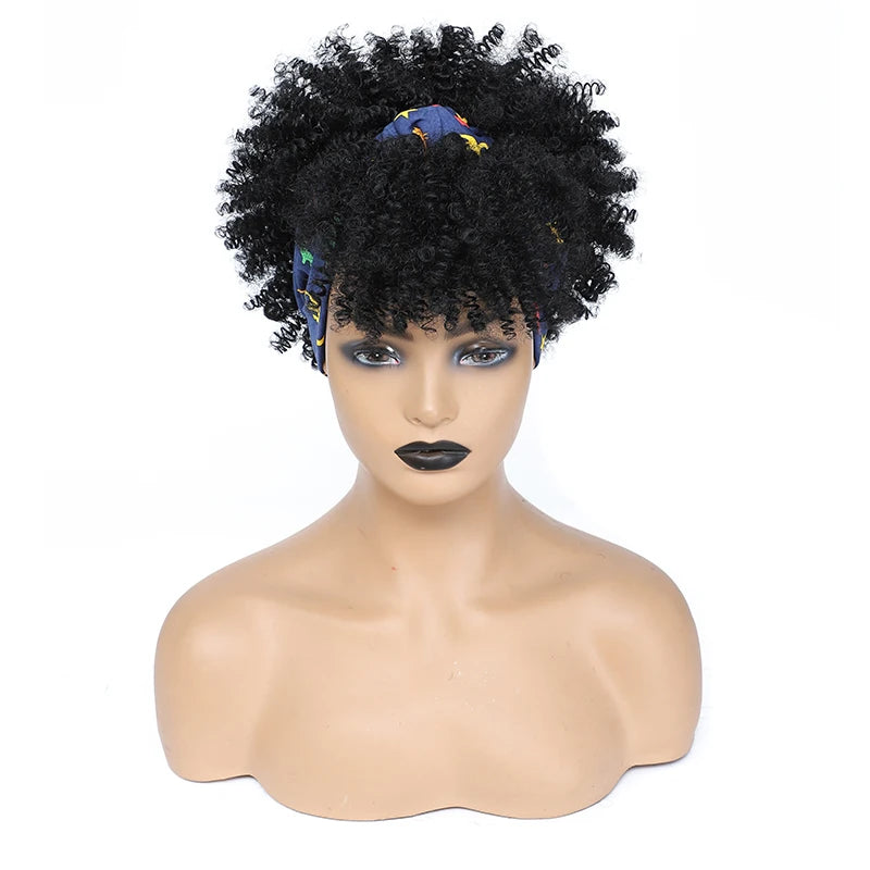 Afro Curly Headband Wigs Short Kinky Curly Wigs with Headbands Attached Scarf Wig For Women Synthetic Afro Puff Wigs with Bangs