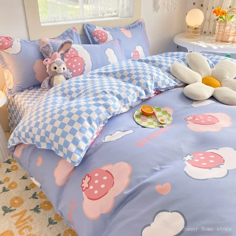 Juego de ropa de cama Kawaii para niños y adultos, sábana encimera, funda de edredón, funda de almohada, tamaño individual, doble, completo, ropa de cama floral de cerezo, textil para el hogar