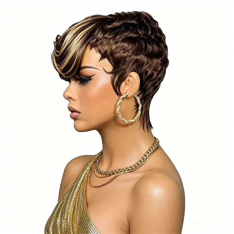 Short Pixie Cut Wig Brown With 613 Blonde Highlights Full Machine Made With Bangs Soft Smooth For Women Breathable For Daily Use