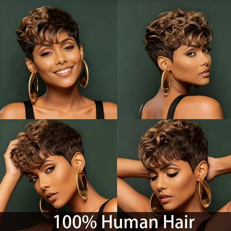 Afro Fluffy Curly Human Hair Wigs Pixie Cut Wig Coffee Brown 100%Human Hair Wig Short Kinky Curly Human Hair Full Machine Wig